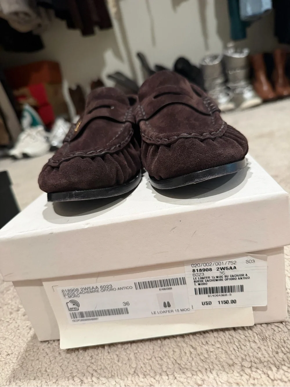 Saint Laurent Dark Brown Suede Penny Loafers with Gold YSL Logo